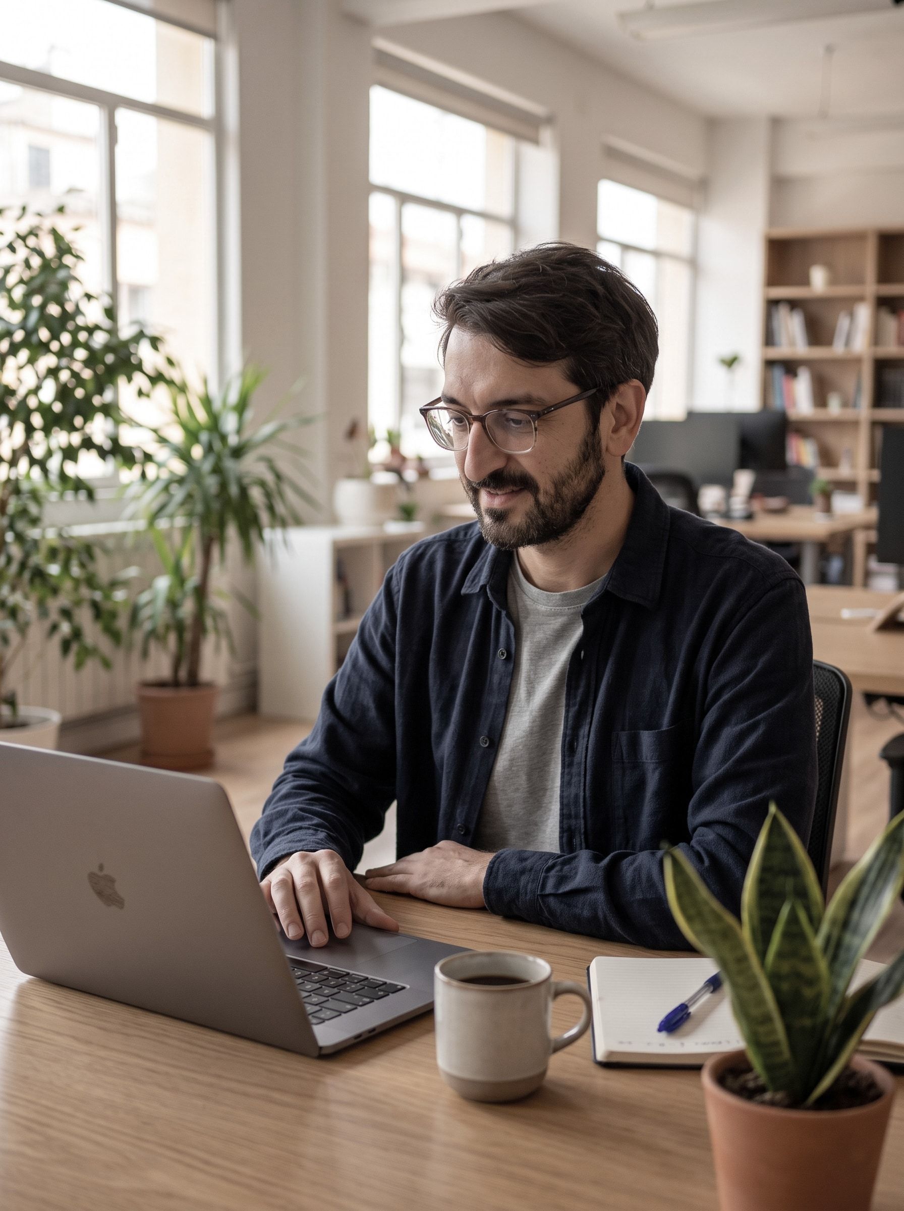 Namir in a navy overshirt, working on a laptop at a wooden desk in a bright office with plants